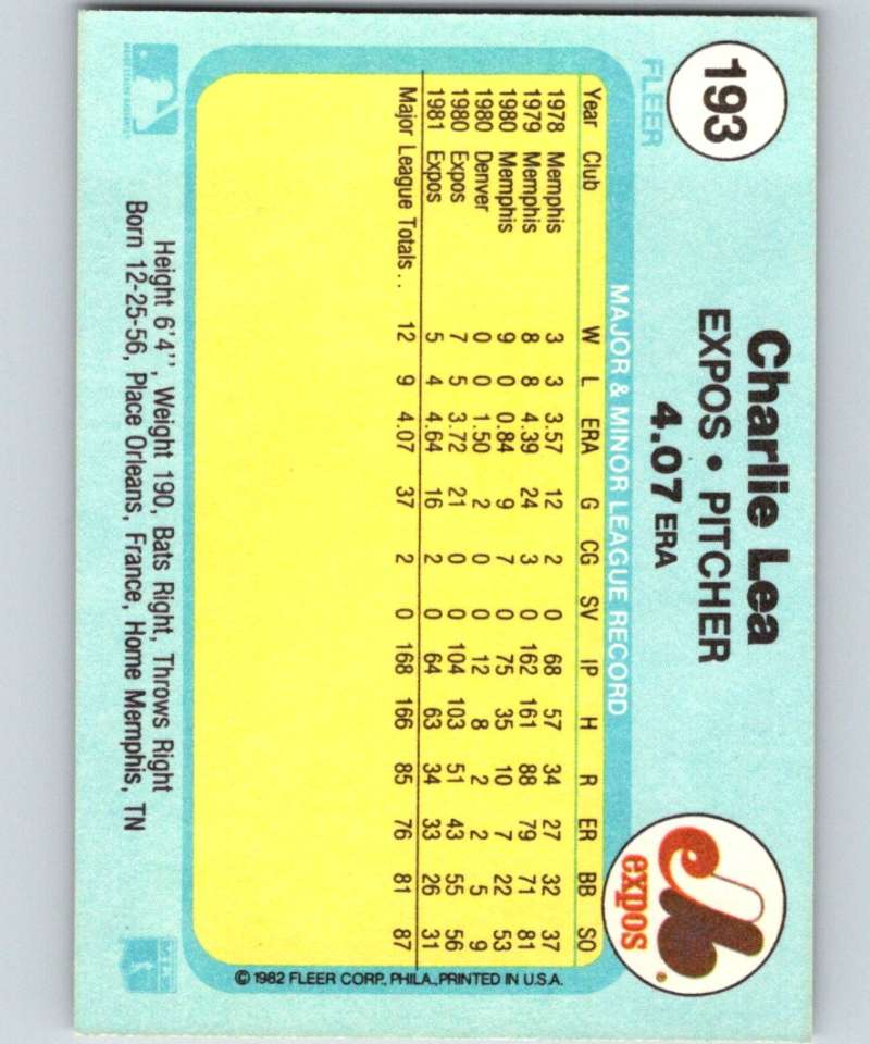 1982 Fleer #193 Charlie Lea Expos