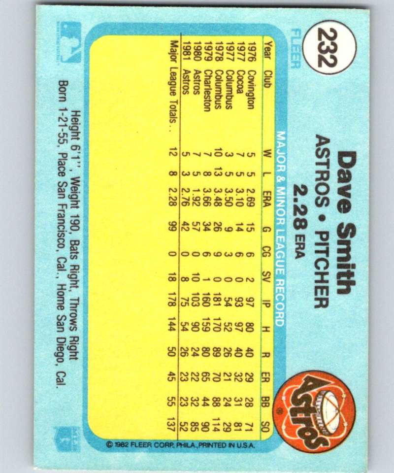 1982 Fleer #232 Dave Smith Astros Image 2