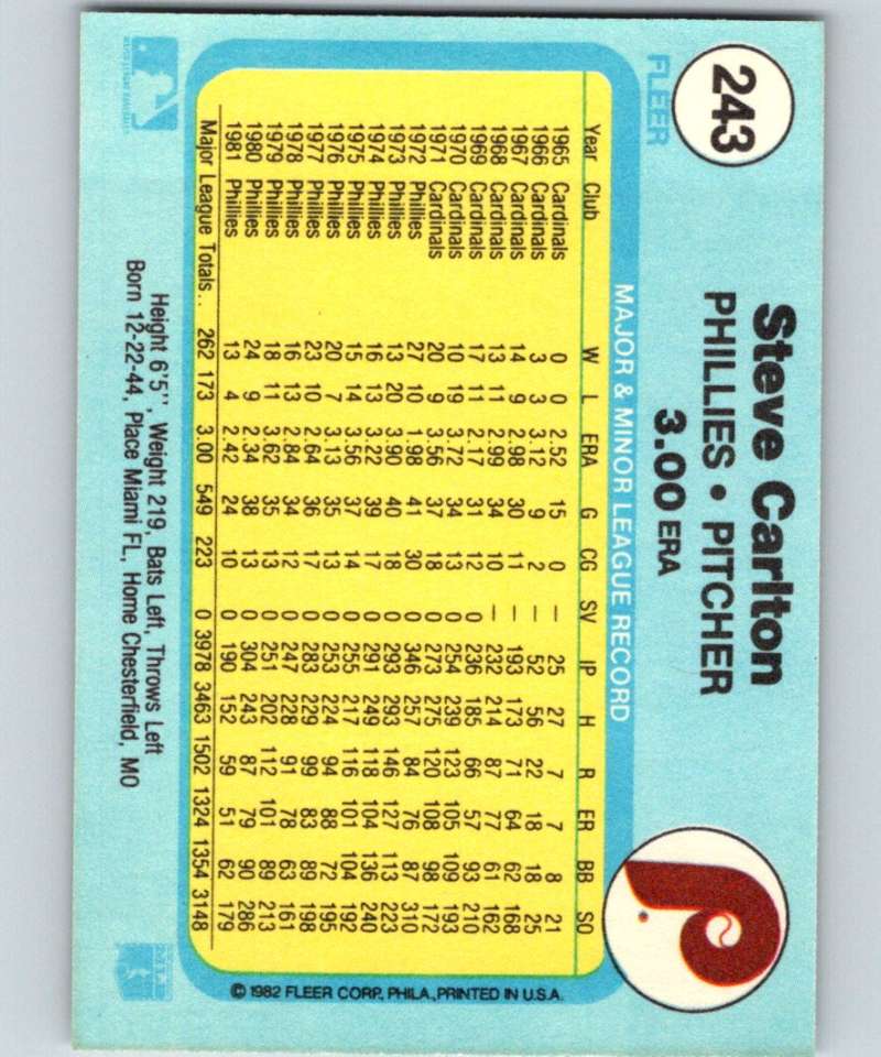 1982 Fleer #243 Steve Carlton Phillies Image 2