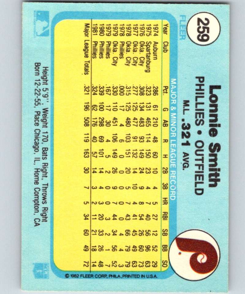 1982 Fleer #259 Lonnie Smith Phillies Image 2