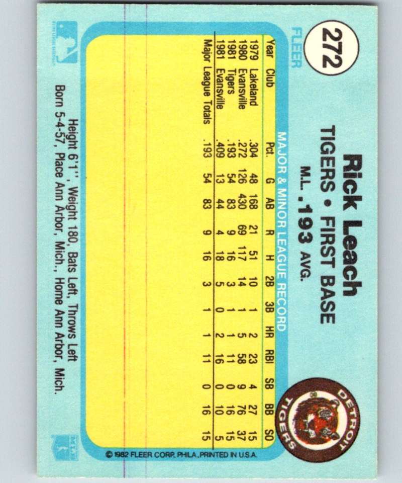1982 Fleer #272 Rick Leach RC Rookie Tigers Image 2