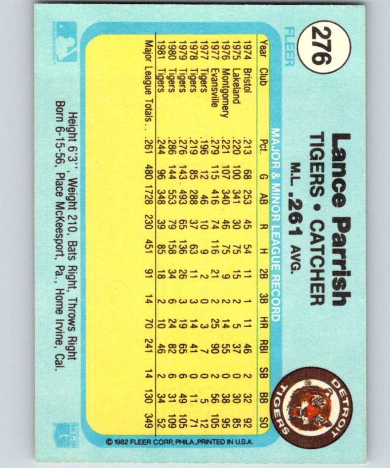1982 Fleer #276 Lance Parrish Tigers Image 2
