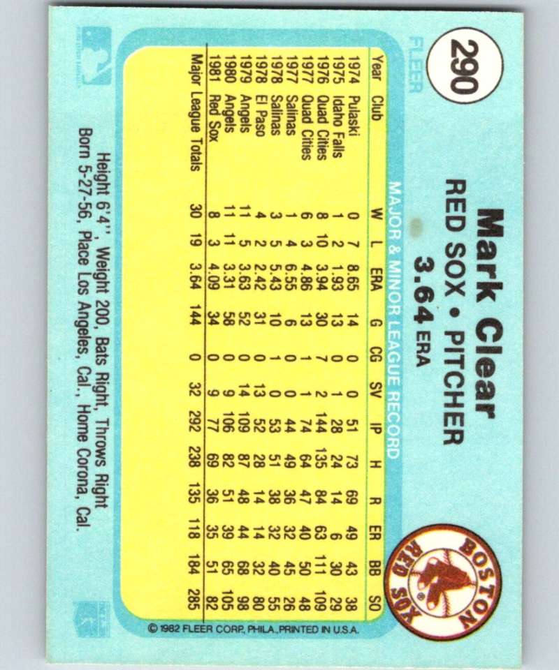 1982 Fleer #290 Mark Clear Red Sox Image 2
