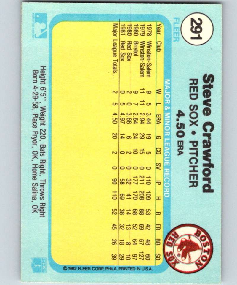 1982 Fleer #291 Steve Crawford RC Rookie Red Sox Image 2