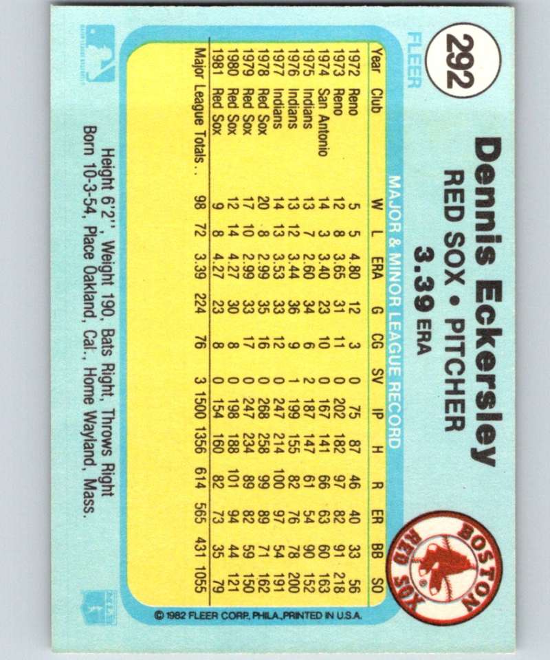 1982 Fleer #292 Dennis Eckersley Red Sox Image 2