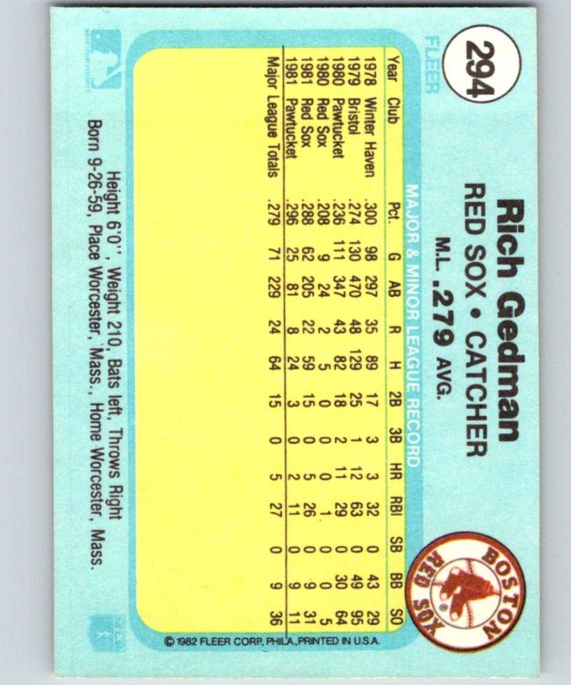 1982 Fleer #294 Rich Gedman RC Rookie Red Sox Image 2