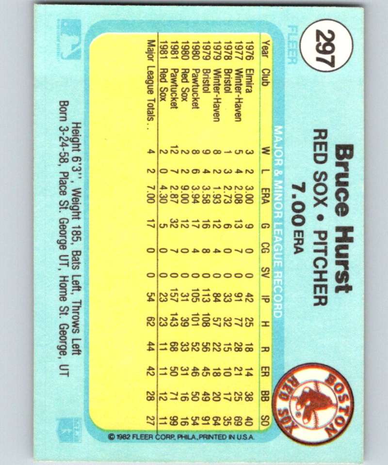 1982 Fleer #297 Bruce Hurst Red Sox Image 2