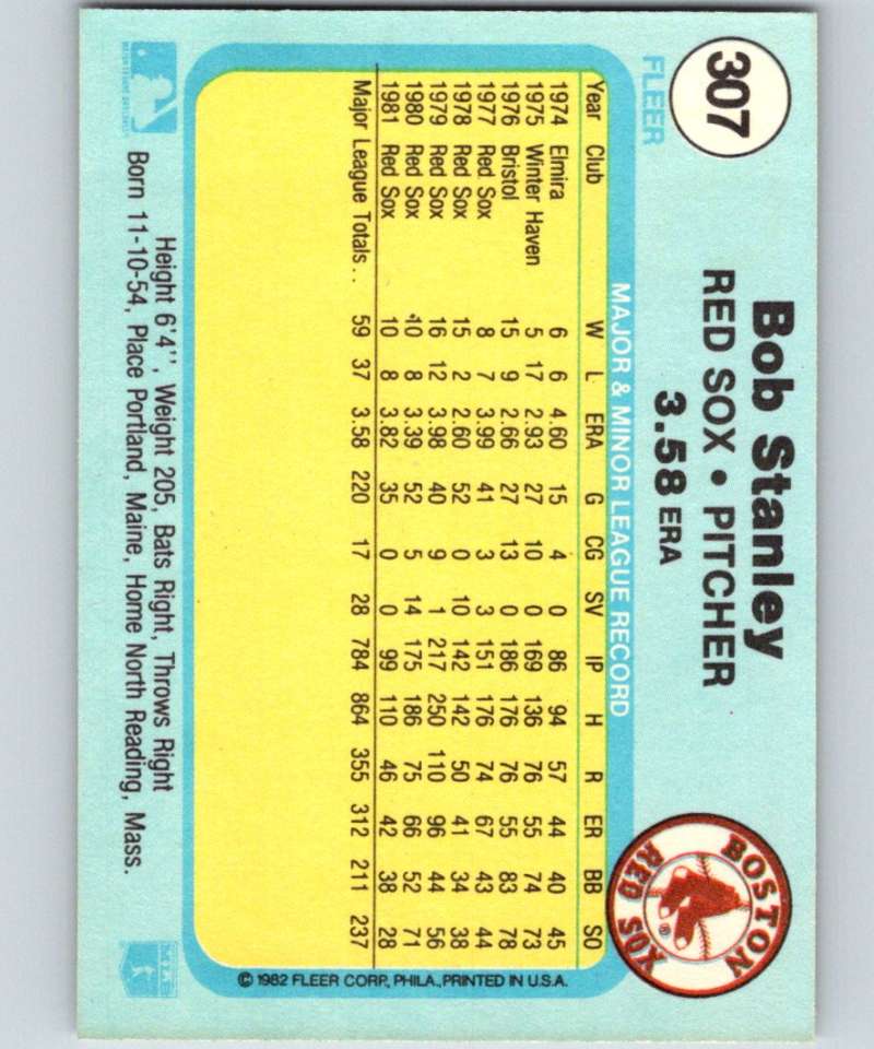 1982 Fleer #307 Bob Stanley Red Sox Image 2