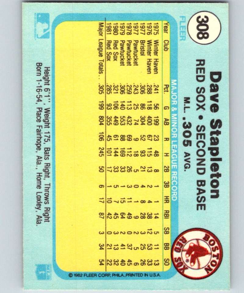 1982 Fleer #308 Dave Stapleton Red Sox Image 2