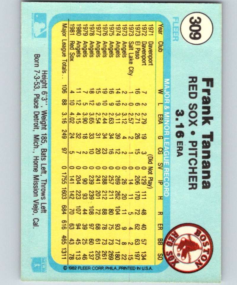 1982 Fleer #309 Frank Tanana Red Sox Image 2