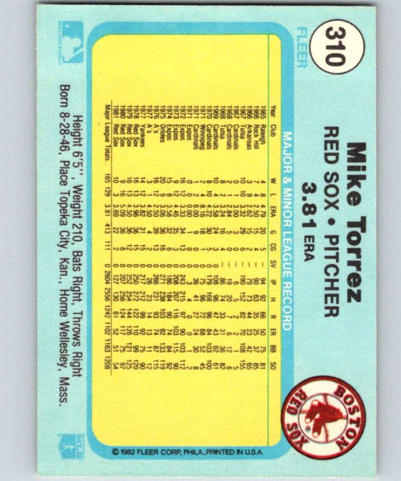 1982 Fleer #310 Mike Torrez Red Sox Image 2