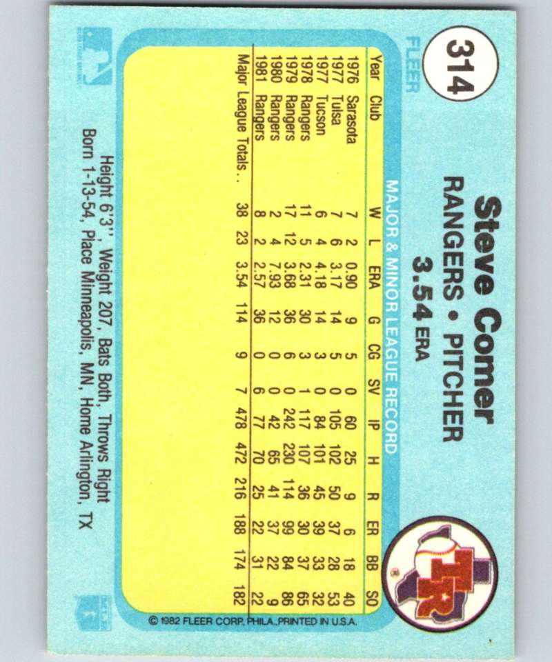 1982 Fleer #314 Steve Comer Rangers Image 2