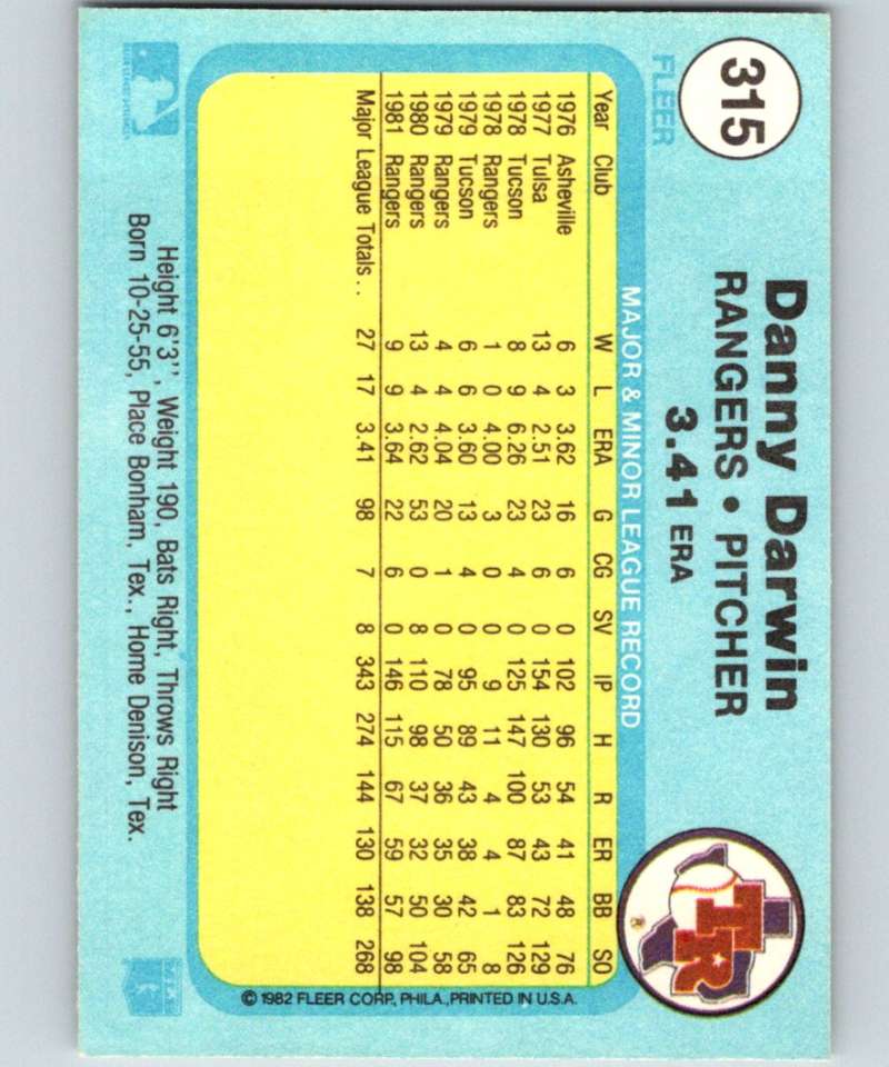 1982 Fleer #315 Danny Darwin Rangers Image 2