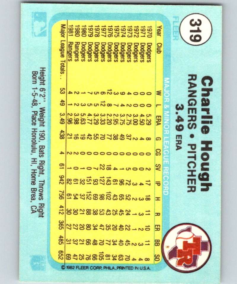 1982 Fleer #319 Charlie Hough Rangers Image 2