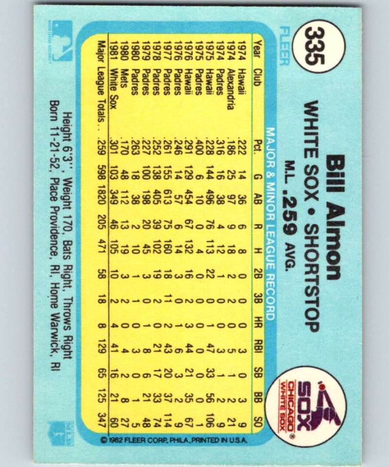1982 Fleer #335 Bill Almon White Sox Image 2