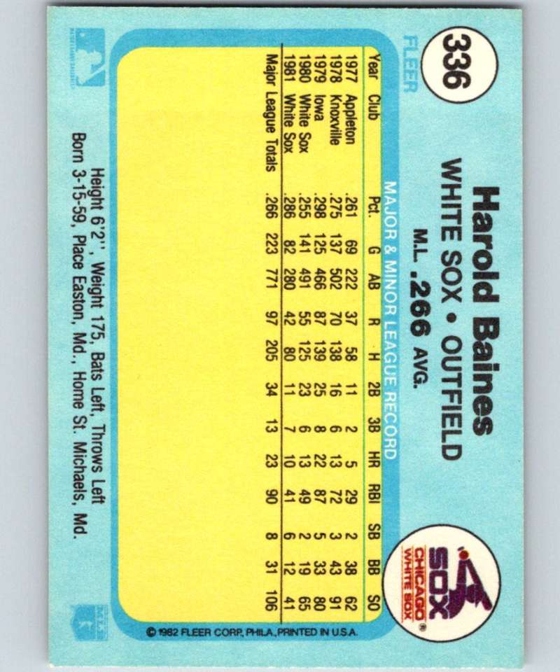 1982 Fleer #336 Harold Baines White Sox Image 2