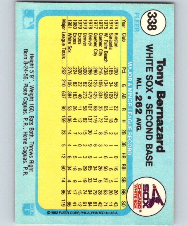 1982 Fleer #338 Tony Bernazard White Sox Image 2