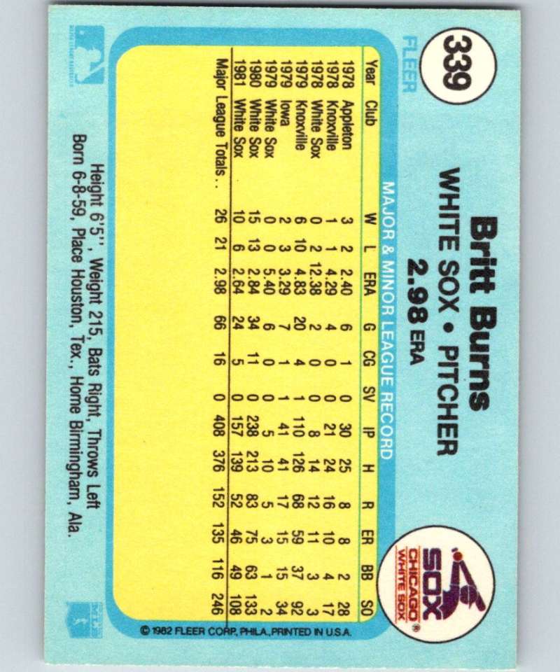 1982 Fleer #339 Britt Burns White Sox