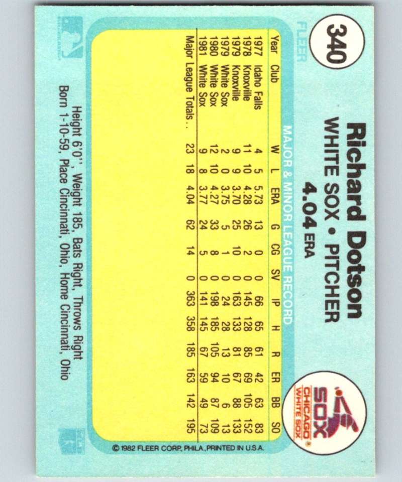 1982 Fleer #340 Richard Dotson White Sox Image 2