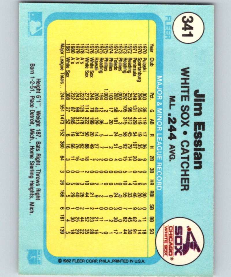 1982 Fleer #341 Jim Essian White Sox Image 2