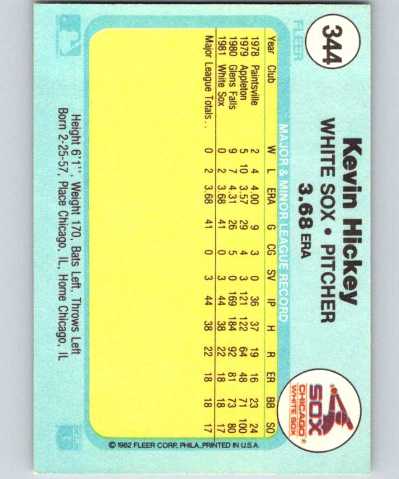1982 Fleer #344 Kevin Hickey RC Rookie White Sox Image 2