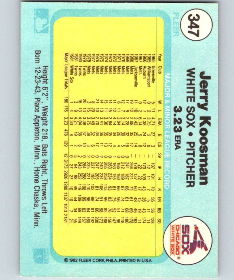 1982 Fleer #347 Jerry Koosman White Sox Image 2