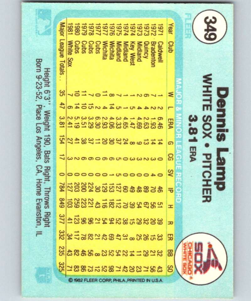 1982 Fleer #349 Dennis Lamp White Sox Image 2