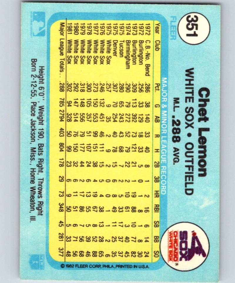1982 Fleer #351 Chet Lemon White Sox Image 2