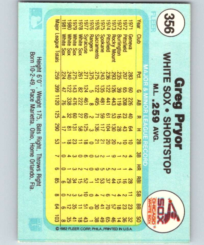 1982 Fleer #356 Greg Pryor White Sox Image 2