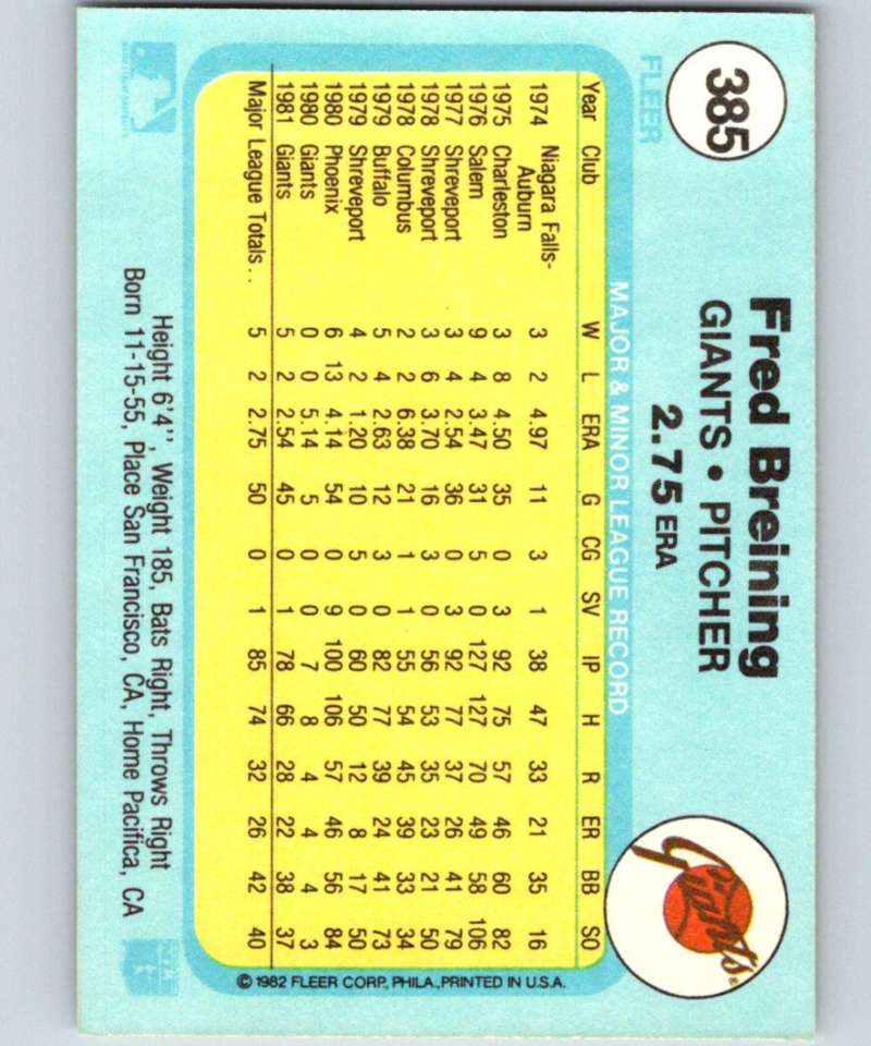 1982 Fleer #385 Fred Breining RC Rookie Giants Image 2