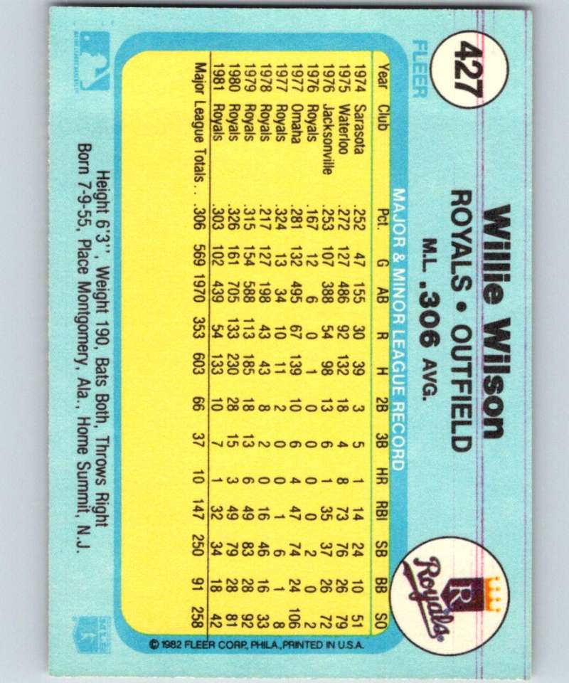1982 Fleer #427 Willie Wilson Royals Image 2