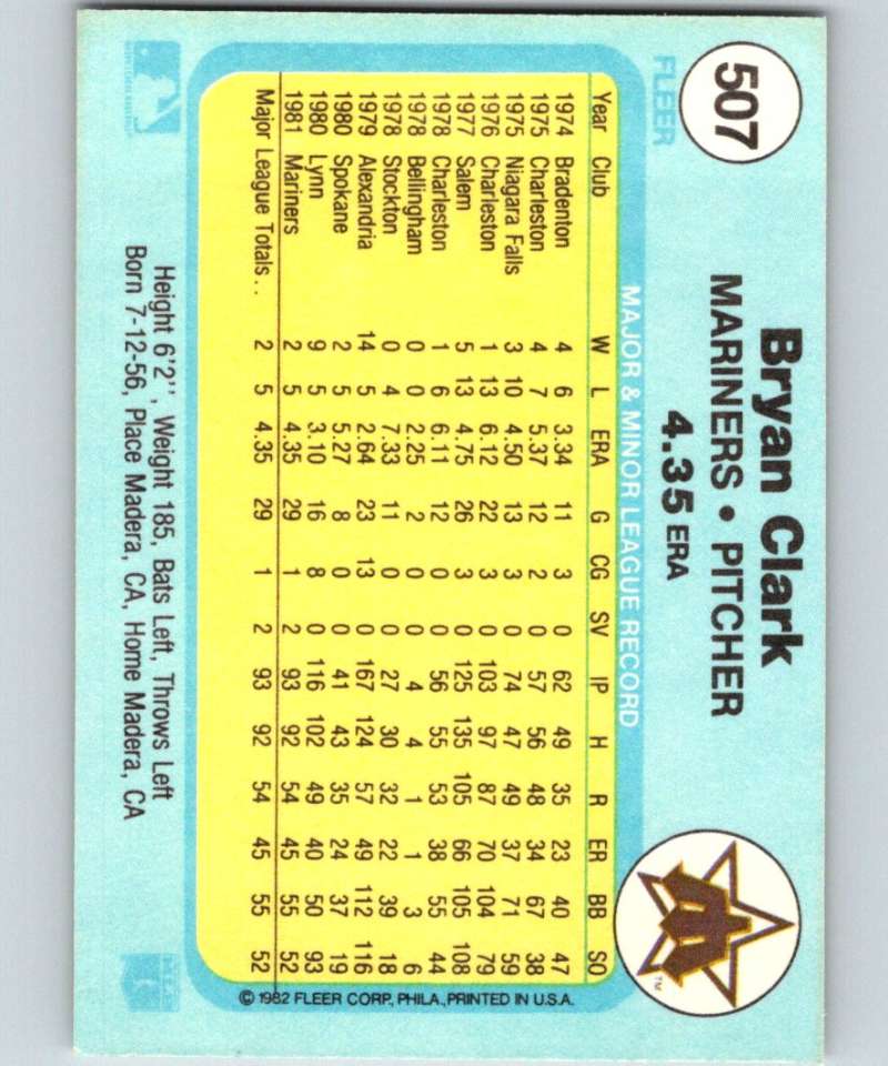 1982 Fleer #507 Bryan Clark RC Rookie Mariners Image 2