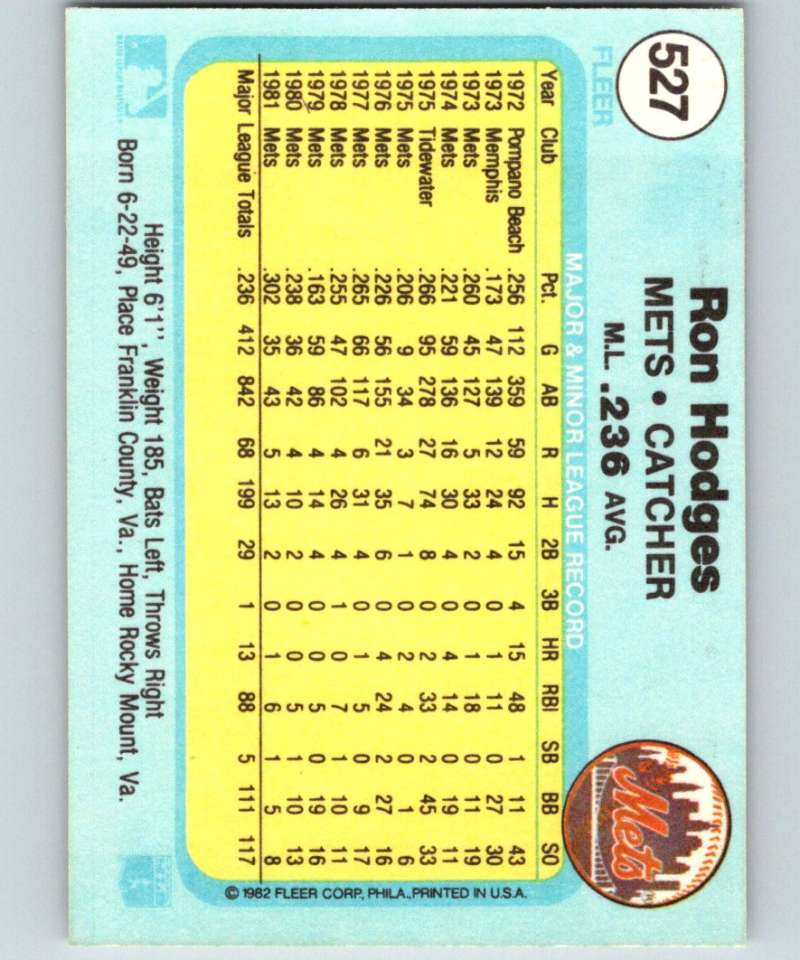 1982 Fleer #527 Ron Hodges Mets