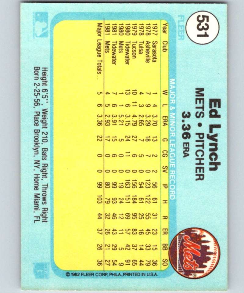 1982 Fleer #531 Ed Lynch RC Rookie Mets Image 2