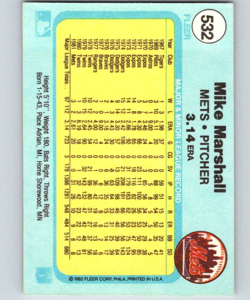 1982 Fleer #532 Mike Marshall Mets Image 2