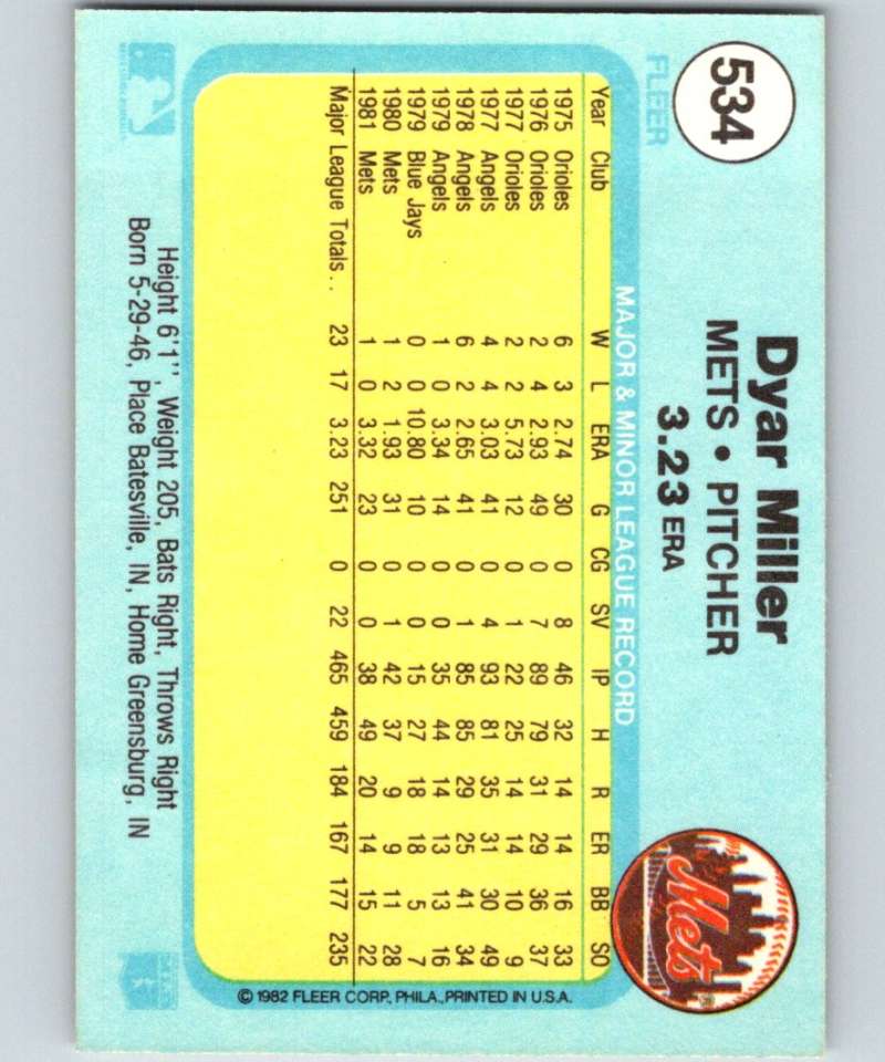 1982 Fleer #534 Dyar Miller Mets