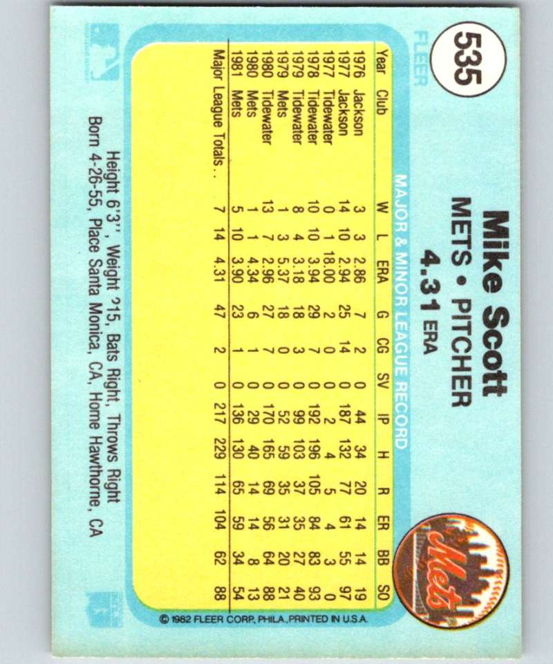 1982 Fleer #535 Mike Scott Mets Image 2