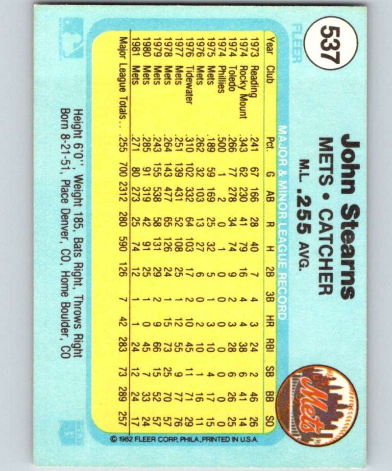1982 Fleer #537 John Stearns Mets Image 2