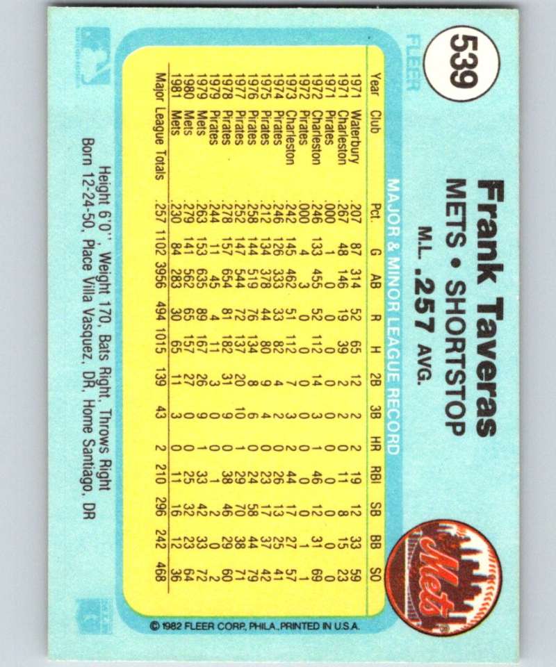 1982 Fleer #539 Frank Taveras Mets