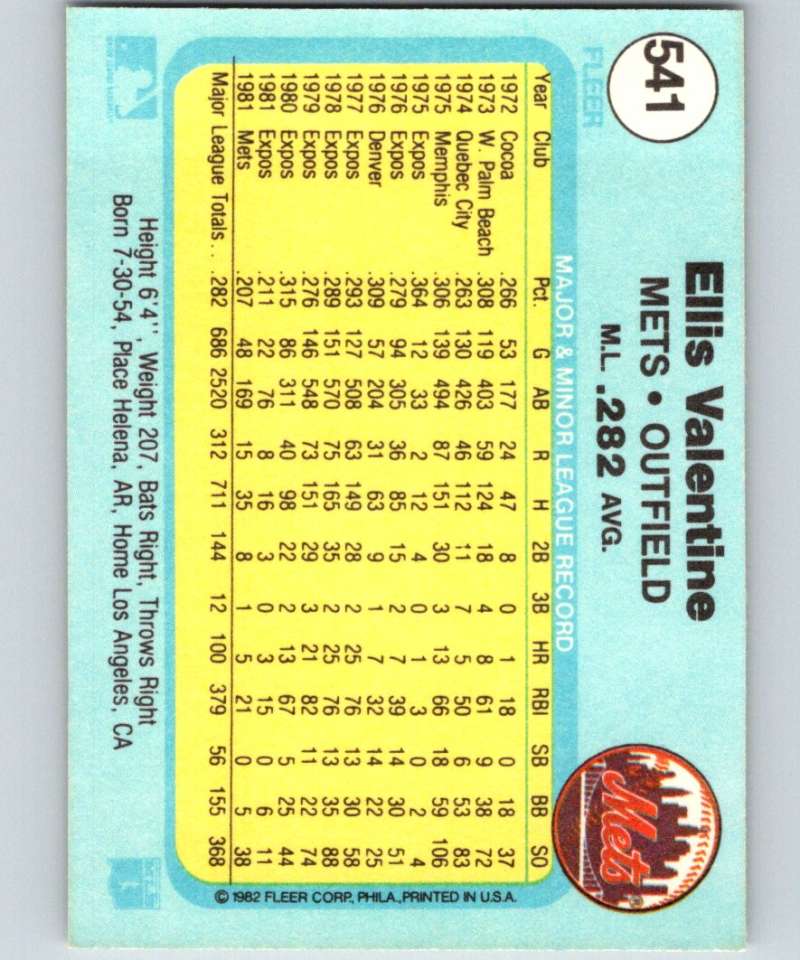 1982 Fleer #541 Ellis Valentine Mets Image 2