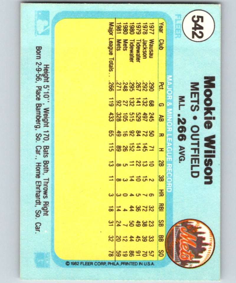 1982 Fleer #542 Mookie Wilson Mets Image 2