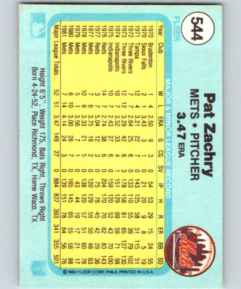 1982 Fleer #544 Pat Zachry Mets