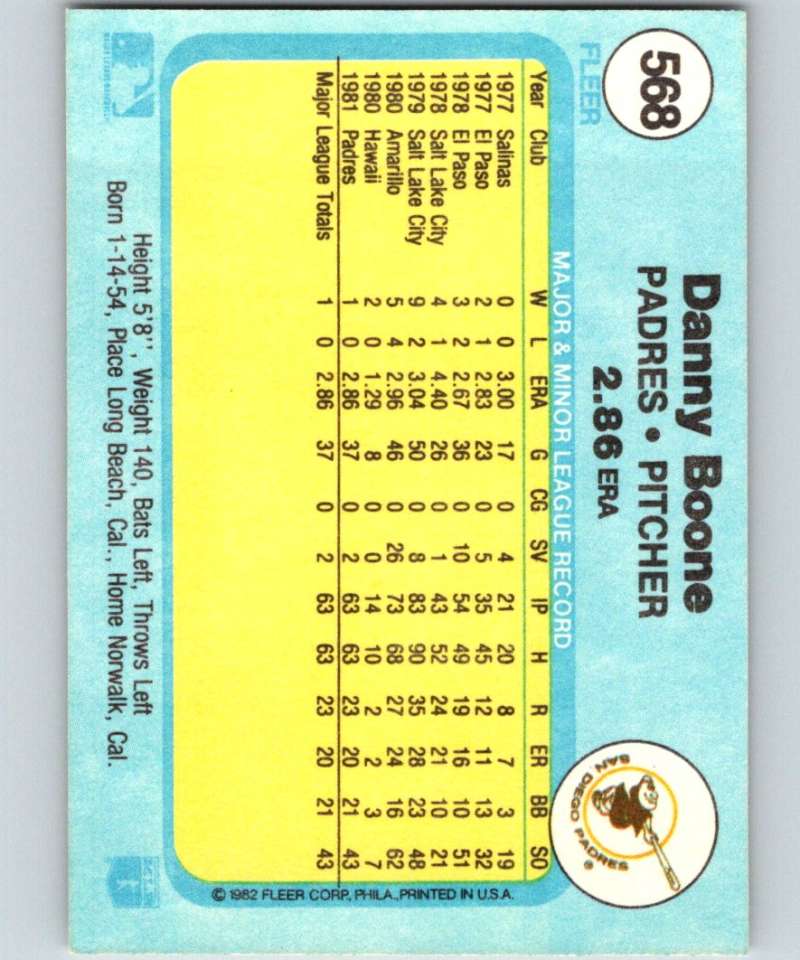 1982 Fleer #568 Danny Boone RC Rookie Padres Image 2