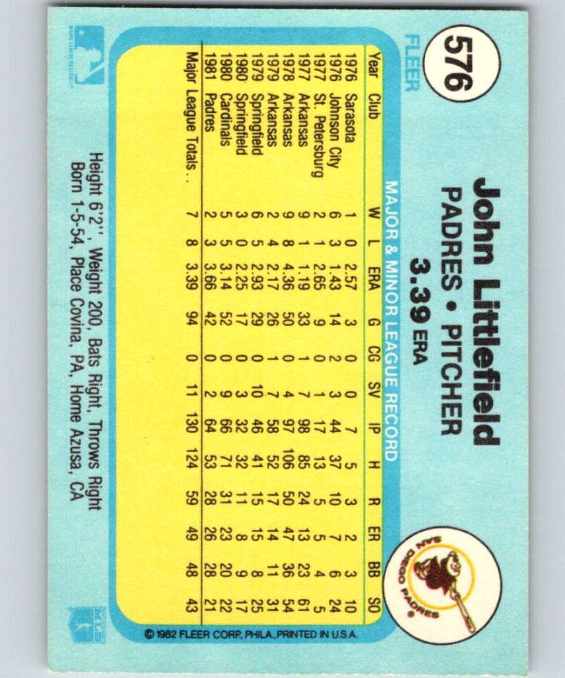 1982 Fleer #576 John Littlefield Padres  Image 2