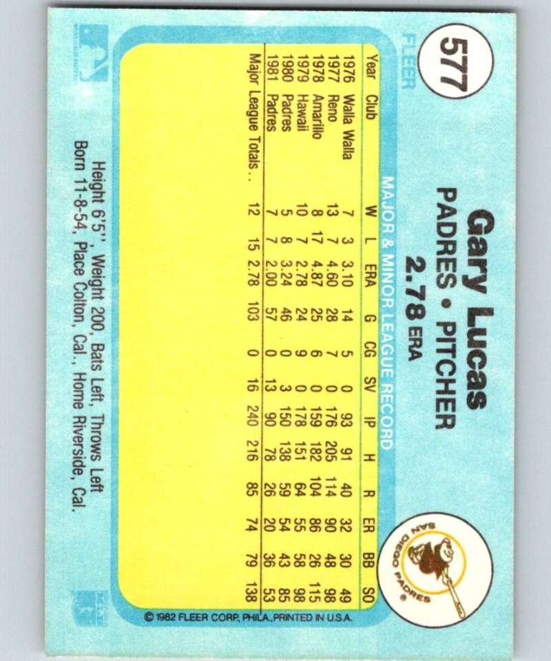 1982 Fleer #577 Gary Lucas Padres Image 2