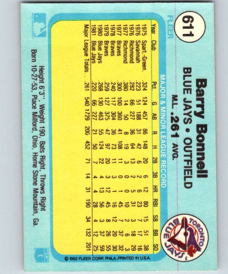 1982 Fleer #611 Barry Bonnell Blue Jays Image 2