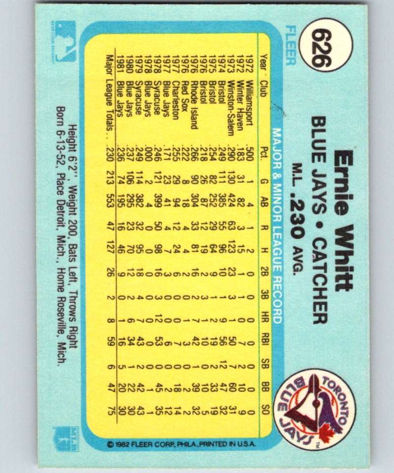 1982 Fleer #626 Ernie Whitt Blue Jays