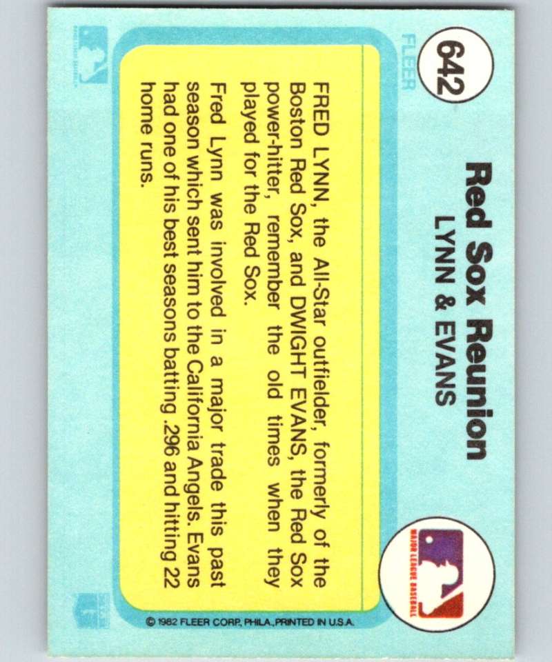 1982 Fleer #642 Fred Lynn/Dwight Evans Red Sox Red Sox Reunion Image 2