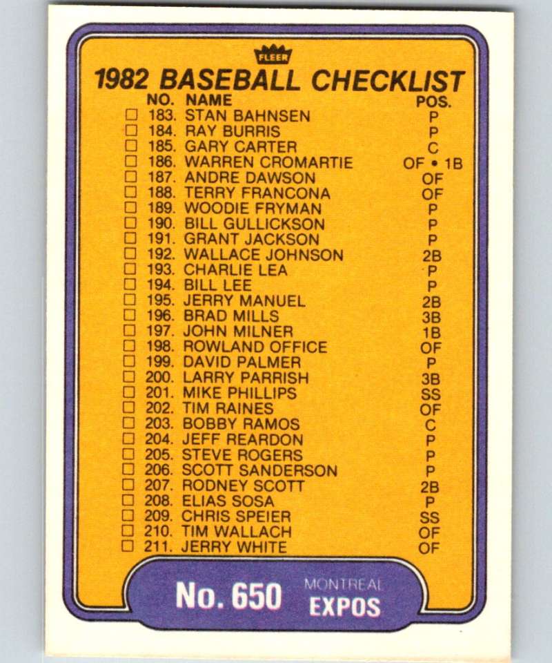 1982 Fleer #650 Checklist: Expos/Orioles Image 2