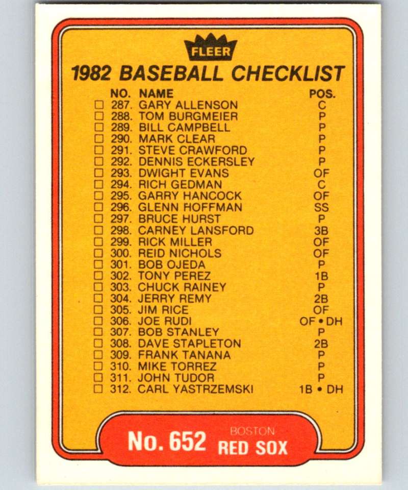 1982 Fleer #652 Checklist: Tigers/Red Sox Image 2